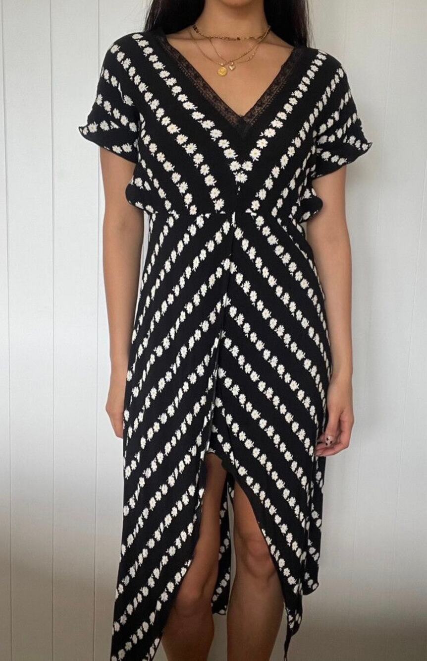 Maje Midi Dress Ritta Daisy Print Black Crepe Lace Trim size Small
